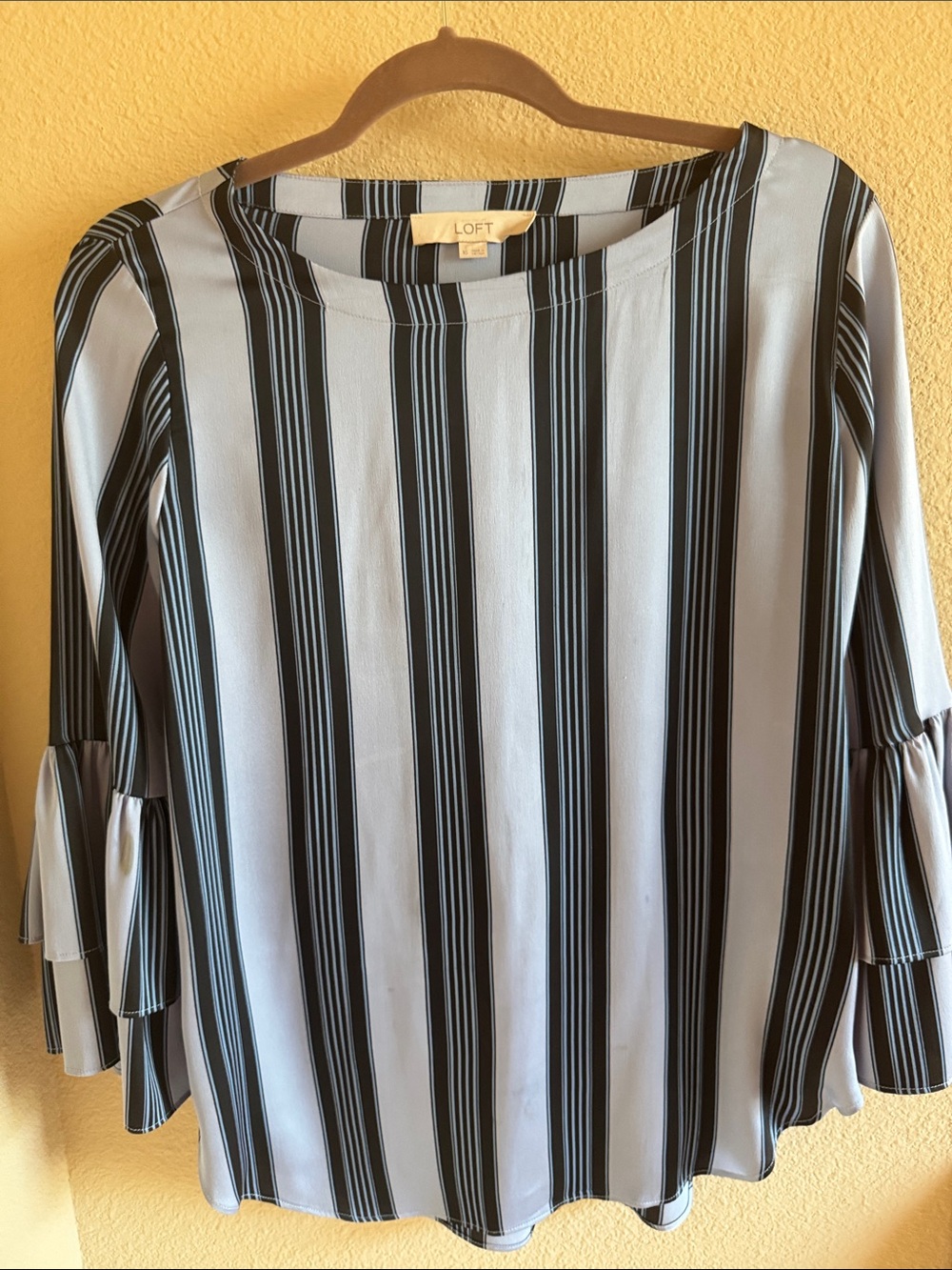 LOFT Black and Light Blue Vertical Stripe Ruffle-Sleeve Blouse